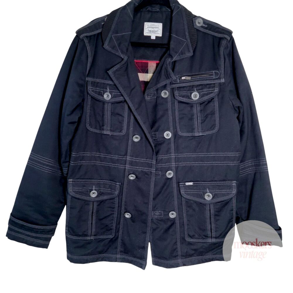 Levi's 501 Men's Heavyweight Utility Jacket Military Black Coat Plaid Lined Lg